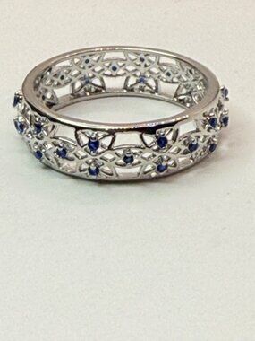 Blue CZ Openwork Floral Band Ring White Gold Tone Size 10